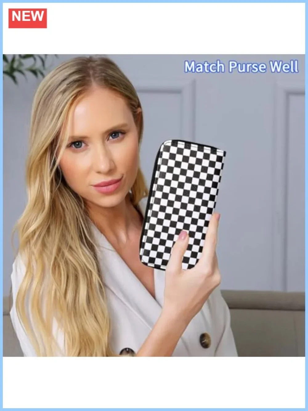 PU Leather Checkered Wallets for Women Double Zipper Large Capacity